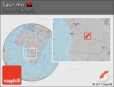 Gray Location Map of Saurimo, within the entire country, hill shading