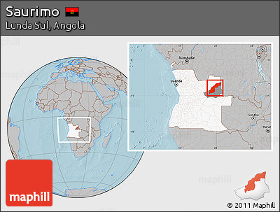 Gray Location Map of Saurimo, highlighted country, highlighted parent region, within the entire country, hill shading