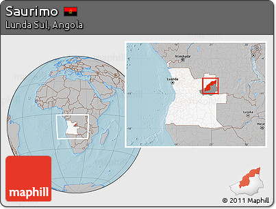 Gray Location Map of Saurimo, highlighted country, highlighted parent region, within the entire country, hill shading