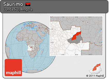 Gray Location Map of Saurimo, highlighted country, highlighted parent region, hill shading