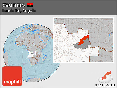 Gray Location Map of Saurimo, highlighted country, highlighted parent region, hill shading