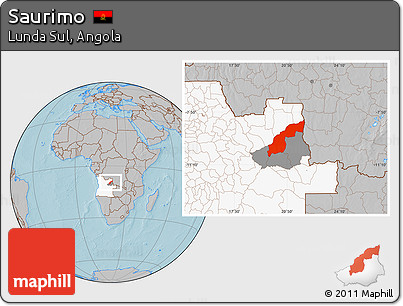 Gray Location Map of Saurimo, highlighted country, highlighted parent region, hill shading