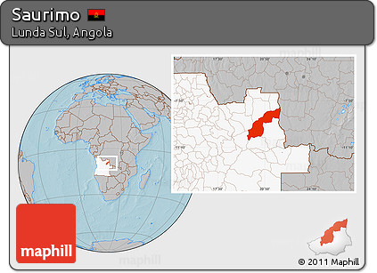 Gray Location Map of Saurimo, highlighted country, hill shading