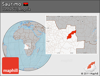 Gray Location Map of Saurimo, highlighted country, hill shading
