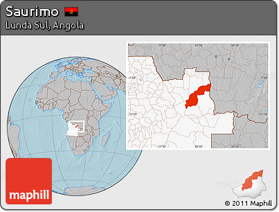 Gray Location Map of Saurimo, highlighted country, hill shading