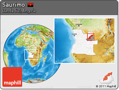Physical Location Map of Saurimo, highlighted country, highlighted parent region, within the entire country