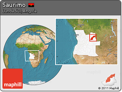Satellite Location Map of Saurimo, highlighted country, within the entire country