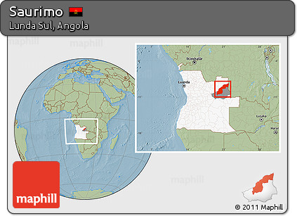 Savanna Style Location Map of Saurimo, highlighted country, highlighted parent region, within the entire country, hill shading