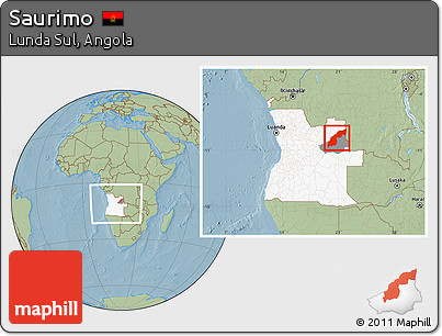 Savanna Style Location Map of Saurimo, highlighted country, highlighted parent region, within the entire country, hill shading