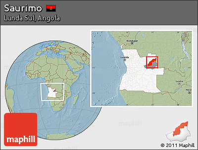 Savanna Style Location Map of Saurimo, highlighted country, highlighted parent region, within the entire country, hill shading