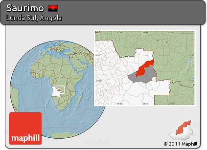 Savanna Style Location Map of Saurimo, highlighted country, highlighted parent region, hill shading