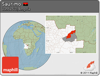Savanna Style Location Map of Saurimo, highlighted country, highlighted parent region, hill shading