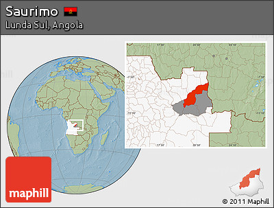 Savanna Style Location Map of Saurimo, highlighted country, highlighted parent region, hill shading