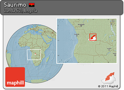 Savanna Style Location Map of Saurimo, highlighted parent region, within the entire country, hill shading