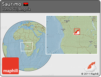 Savanna Style Location Map of Saurimo, highlighted parent region, within the entire country, hill shading