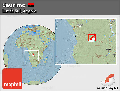 Savanna Style Location Map of Saurimo, highlighted parent region, within the entire country, hill shading