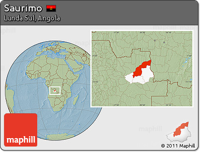 Savanna Style Location Map of Saurimo, highlighted parent region, hill shading