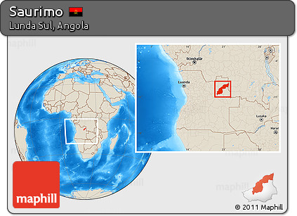 Shaded Relief Location Map of Saurimo, within the entire country