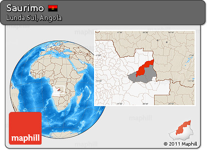 Shaded Relief Location Map of Saurimo, highlighted country, highlighted parent region