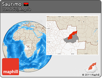 Shaded Relief Location Map of Saurimo, highlighted country, highlighted parent region
