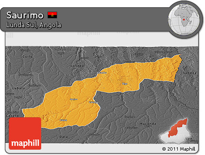 Political Panoramic Map of Saurimo, darken, desaturated