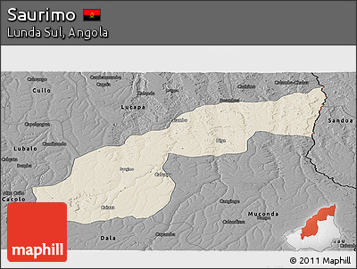 Shaded Relief Panoramic Map of Saurimo, darken, desaturated