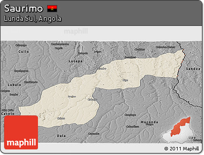 Shaded Relief Panoramic Map of Saurimo, darken, desaturated