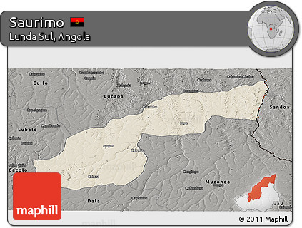 Shaded Relief Panoramic Map of Saurimo, darken, semi-desaturated