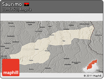 Shaded Relief Panoramic Map of Saurimo, darken, semi-desaturated
