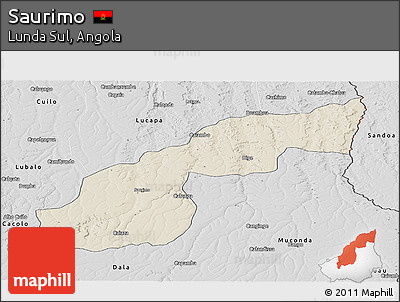 Shaded Relief Panoramic Map of Saurimo, desaturated