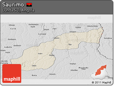 Shaded Relief Panoramic Map of Saurimo, desaturated