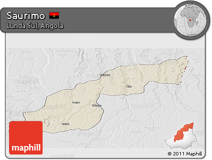 Shaded Relief Panoramic Map of Saurimo, lighten, desaturated