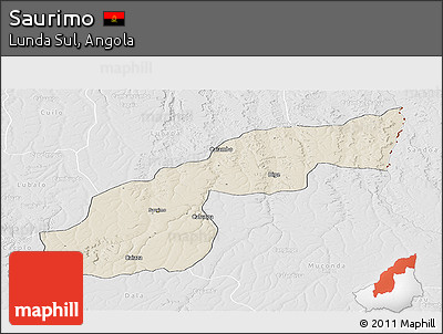 Shaded Relief Panoramic Map of Saurimo, lighten, desaturated