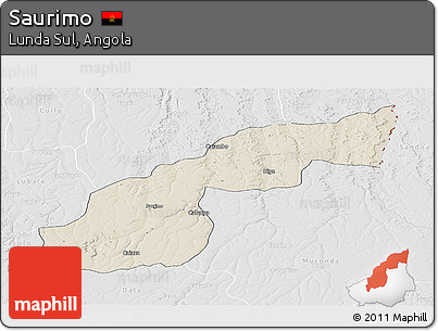 Shaded Relief Panoramic Map of Saurimo, lighten, desaturated