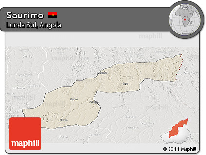 Shaded Relief Panoramic Map of Saurimo, lighten, semi-desaturated