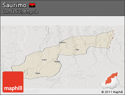 Shaded Relief Panoramic Map of Saurimo, lighten, semi-desaturated