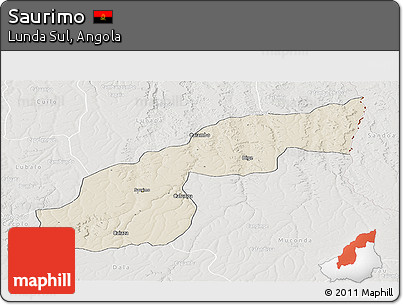 Shaded Relief Panoramic Map of Saurimo, lighten, semi-desaturated