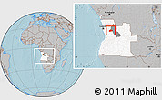 Gray Location Map of Cacuso, highlighted country, highlighted parent region, within the entire country, hill shading