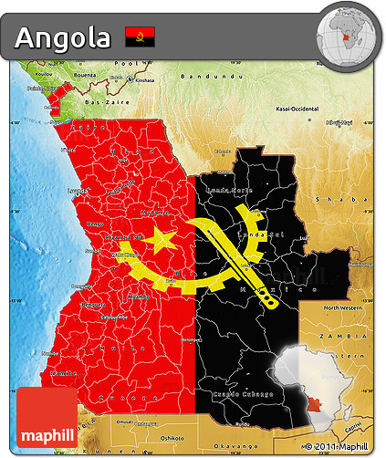 Flag Map of Angola, physical outside, bathymetry sea, flag rotated