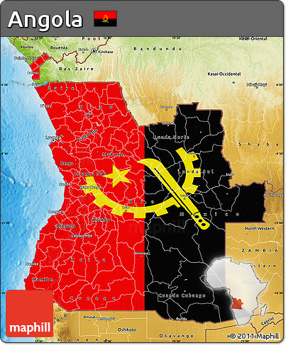 Flag Map of Angola, physical outside, bathymetry sea, flag rotated