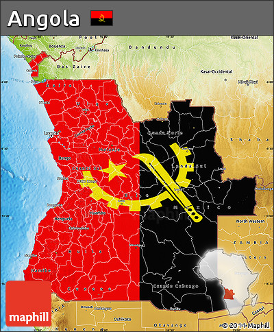 Flag Map of Angola, physical outside, flag rotated
