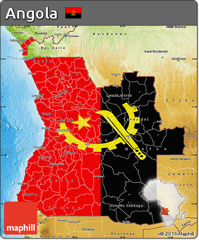 Flag Map of Angola, physical outside, flag rotated