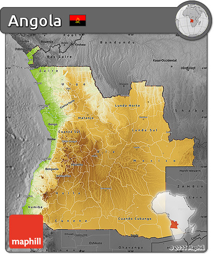 Physical Map of Angola, darken, desaturated