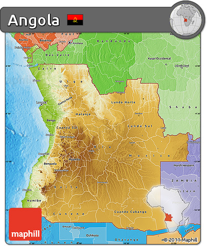 Physical Map of Angola, political shades outside