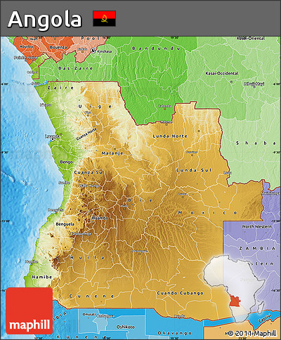 Physical Map of Angola, political shades outside