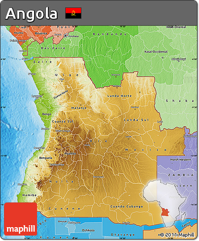 Physical Map of Angola, political shades outside