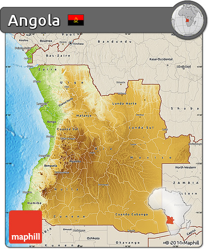 Physical Map of Angola, shaded relief outside