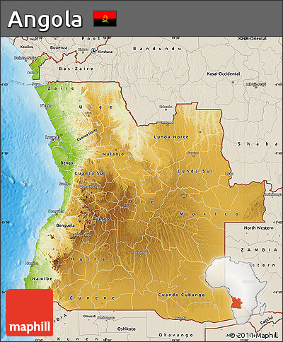 Physical Map of Angola, shaded relief outside
