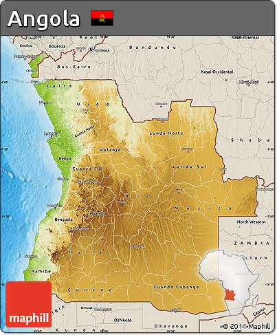 Physical Map of Angola, shaded relief outside