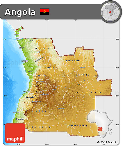Physical Map of Angola, single color outside, bathymetry sea